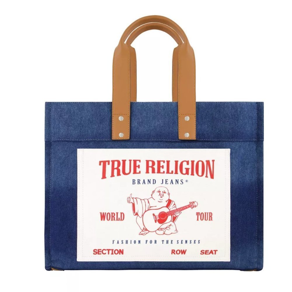 NWT True Religion Washed Navy Denim Large Tote